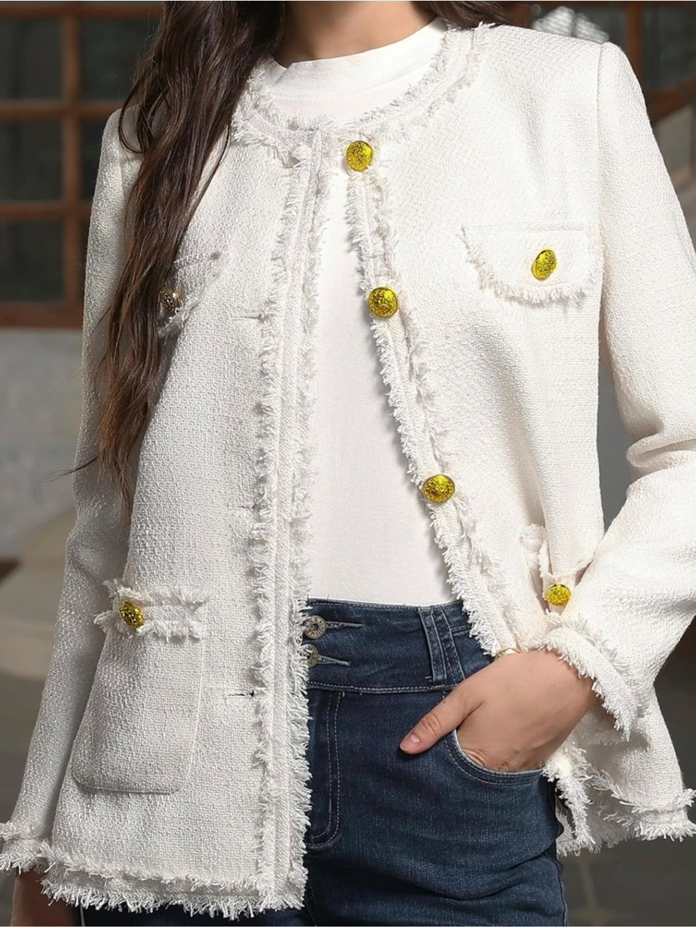 White Frayed Tweed Blazer with Gold Buttons